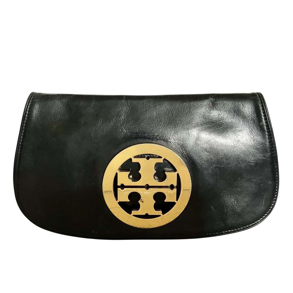 Tory Burch Black Leather Logo Clutch Handbag Evening Bag